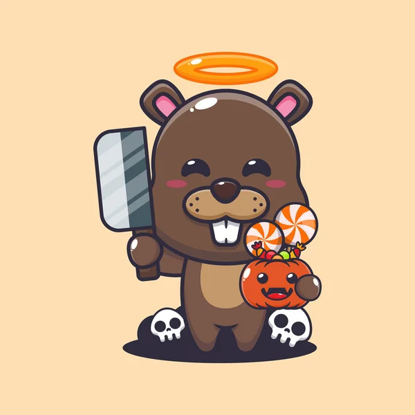 Cute Bad Angel Beaver Holding Machete Halloween Day — ストックベクタ