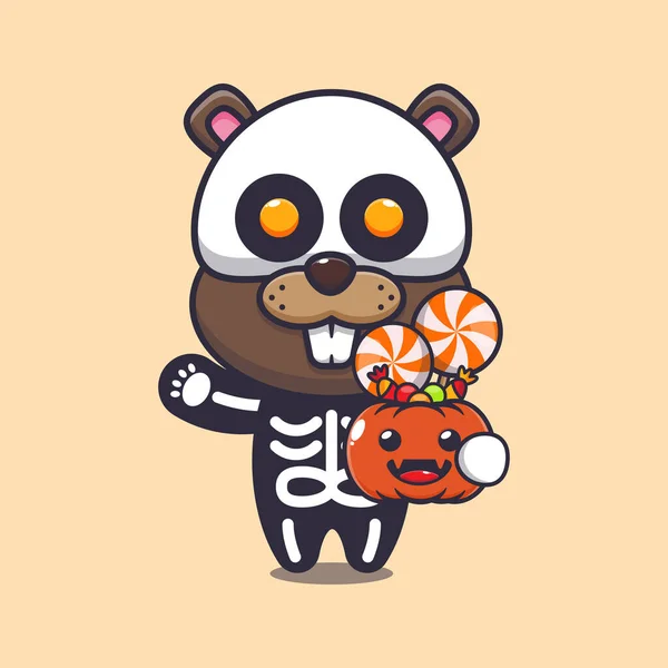 Cute Beaver Skeleton Costume Holding Halloween Pumpkin — ストックベクタ