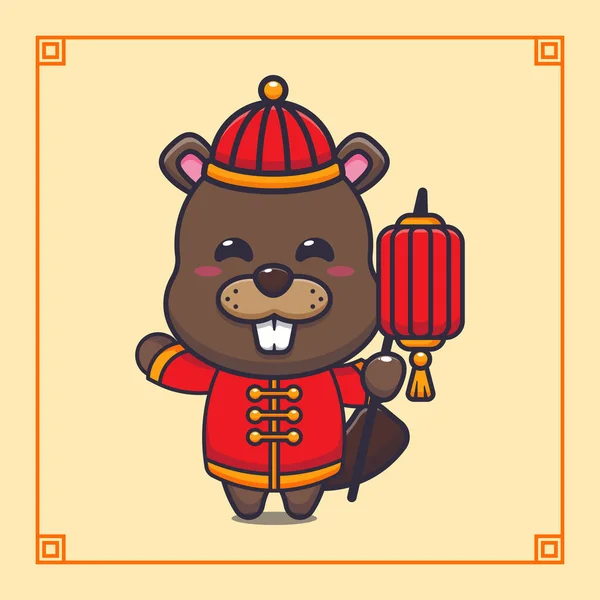 Cute Beaver Holding Lantern Chinese New Year Vector Cartoon Illustration — Stok Vektör