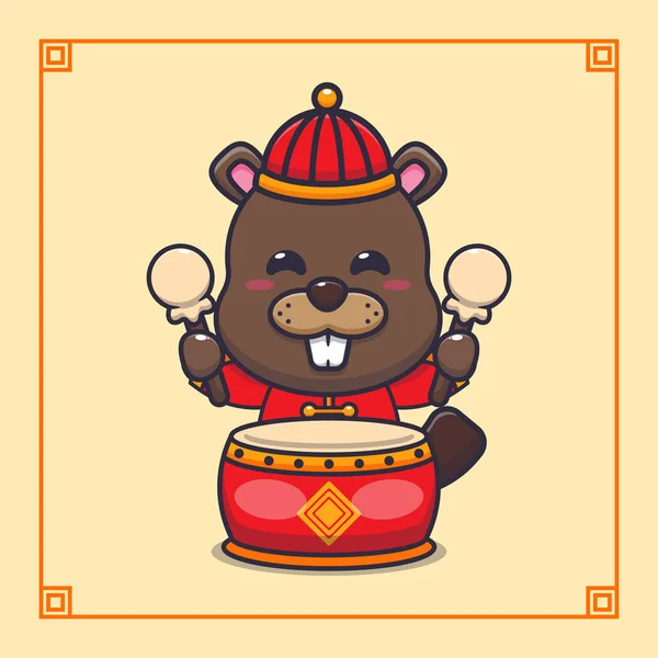 Cute Beaver Playing Drum Chinese New Year Vector Cartoon Illustration — Vetor de Stock