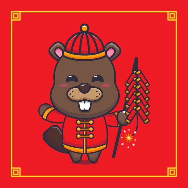 Cute Beaver Playing Firecrackers Chinese New Year Vector Cartoon Illustration — Stock Vector