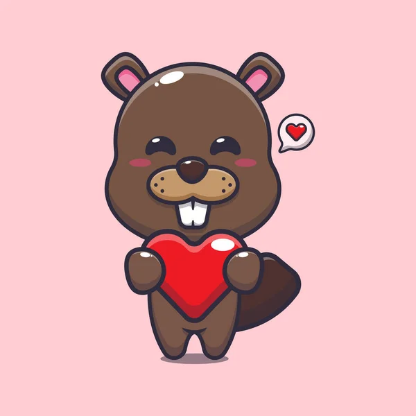 Cute Beaver Holding Love Heart Cartoon Vector Illustration — ストックベクタ