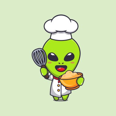 Cute chef alien with with cake batter cartoon vector illustration.  