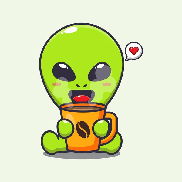 Cute Alien Hot Coffee Cartoon Vector Illustration — Vector de stock