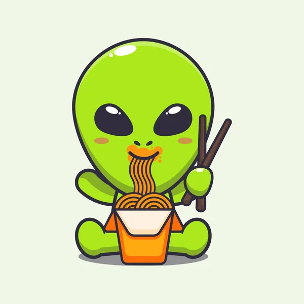 Cute Alien Eating Noodle Cartoon Vector Illustration — Wektor stockowy