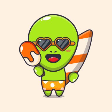 Sörf tahtası olan şirin bir uzaylı. Elinde buz çizgi filmi çizimi var.. 