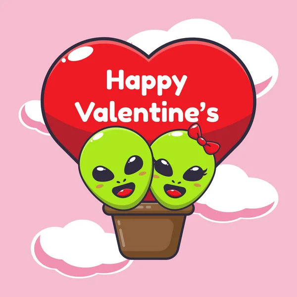 Cute Alien Fly Air Balloon Valentine Day Cartoon Vector Illustration — Stock Vector