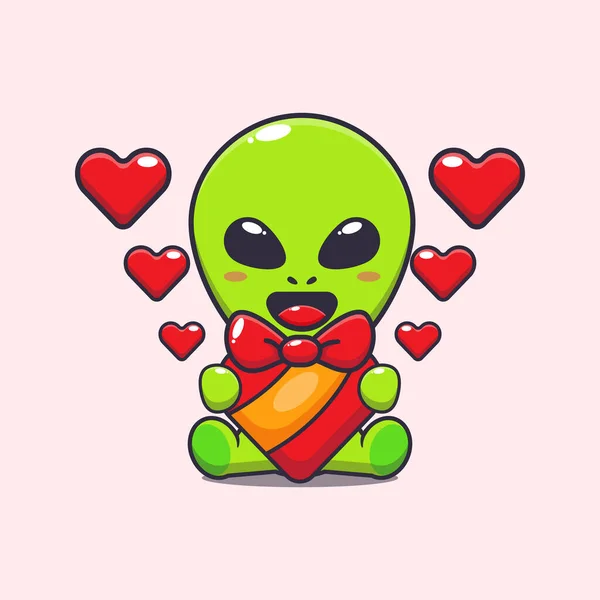 可爱的外星人在情人节带着爱的礼物快乐 — 图库矢量图片