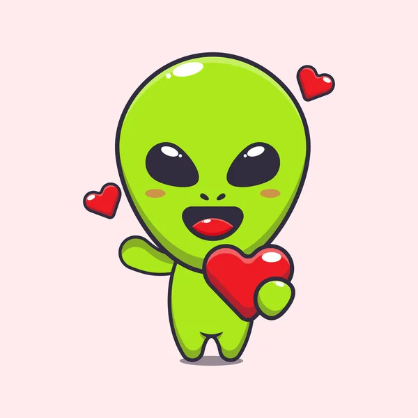 Bonito Alienígena Segurando Coração Amor Dia Dos Namorados Desenho Animado — Vetor de Stock
