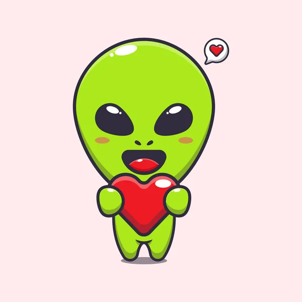 可爱的外星人牵着爱情的心卡通人物 — 图库矢量图片