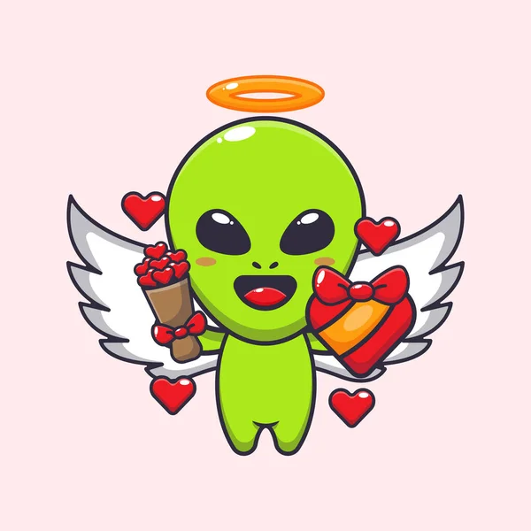 Bonito Alienígena Cupido Segurando Presente Amor Amor Bouquet Desenho Animado — Vetor de Stock