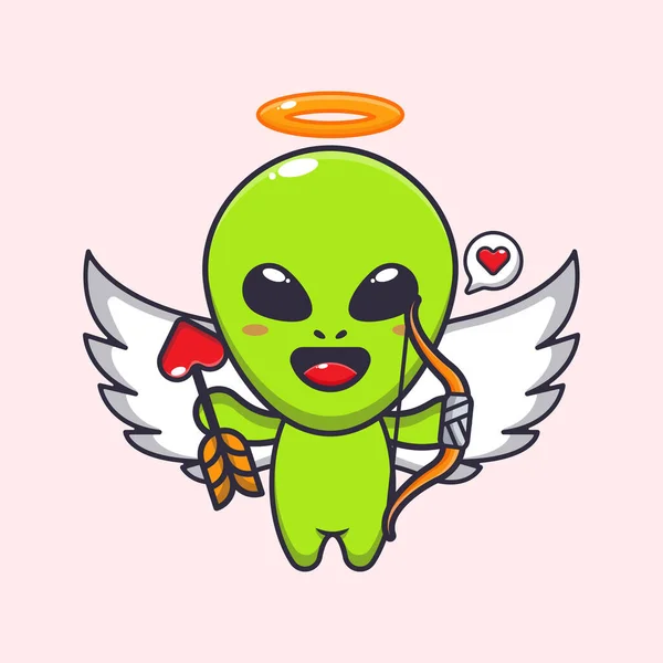 Lindo Alien Cupido Celebración Amor Flecha Caricatura Vector Ilustración — Archivo Imágenes Vectoriales