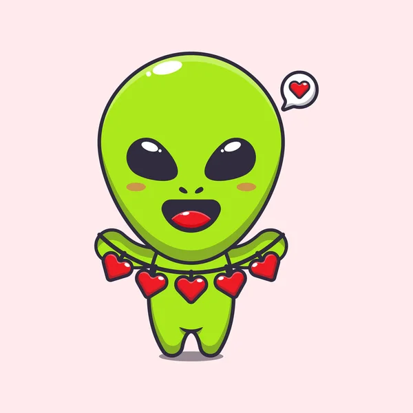 Cute Alien Holding Love Decoration Cartoon Vector Illustration — Stock Vector