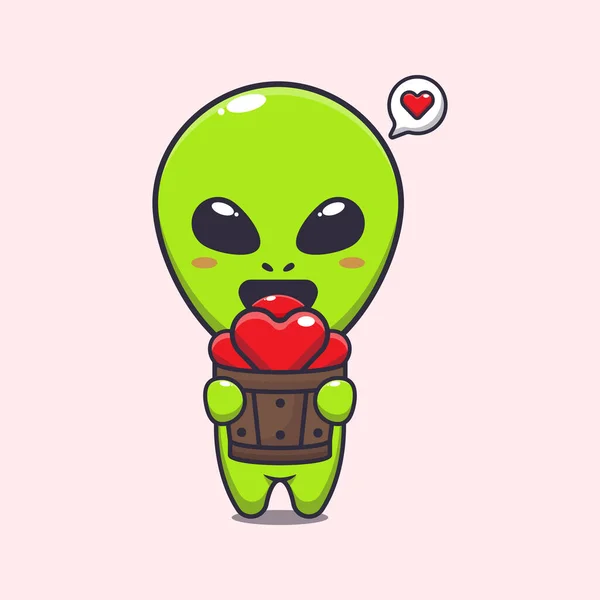 Cute Alien Holding Love Wood Bucket Cartoon Vector Illustration — Stock Vector