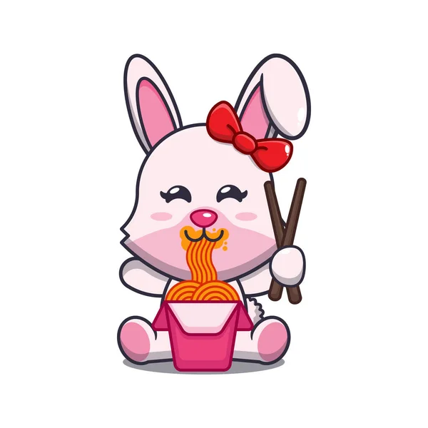 Cute Bunny Eating Noodle Cartoon Vector Illustration — Stock Vector