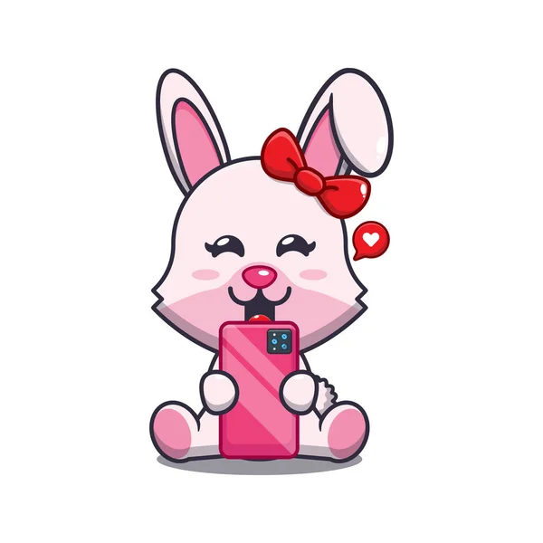 可爱的兔子与手机卡通矢量插图 — 图库矢量图片
