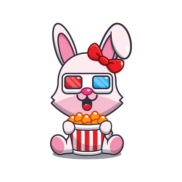 Schattig Konijn Eten Popcorn Kijken Film Cartoon Vector Illustratie — Stockvector