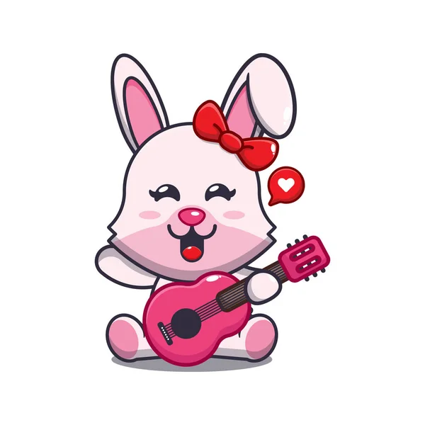 かわいいウサギの演奏ギターの漫画のベクトルイラスト — ストックベクタ