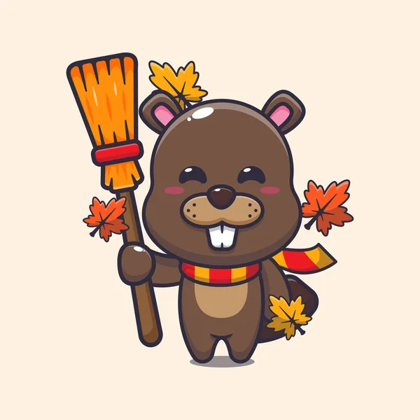 Cute Autumn Beaver Holding Broom Cartoon Vector Illustration — Stock Vector