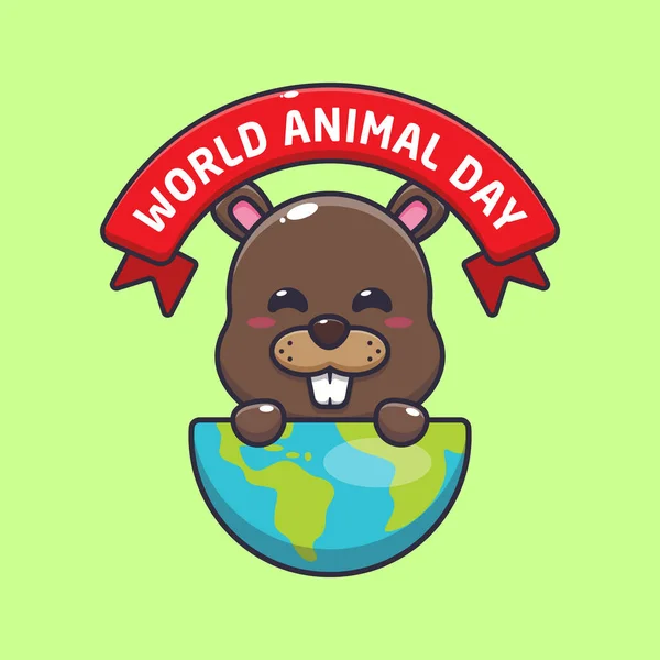 Cute Beaver World Animal Day Cartoon Vector Illustration — Stock Vector