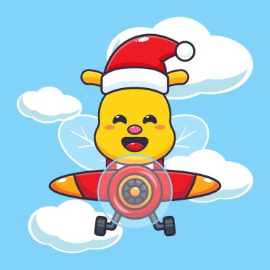 Noel Baba şapkası takan sevimli arı uçakla uçuyor. Sevimli noel çizgi film karakteri çizimi.