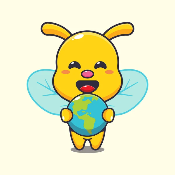 Cute Bee Przytulanie Ziemi Wektor Kreskówek Ilustracja — Wektor stockowy