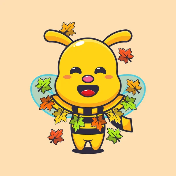 Cute Pszczoła Dekoracji Jesienią Liści — Wektor stockowy