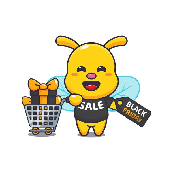 Cute Bee Shopping Cart Discount Coupon Black Friday Sale — Stock Vector