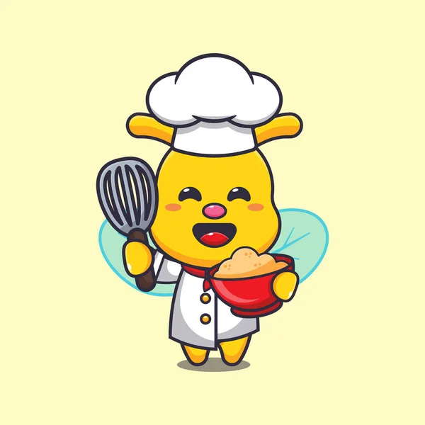Mascotte Chef Mignon Abeille Personnage Dessin Animé Avec Pâte Gâteau — Image vectorielle