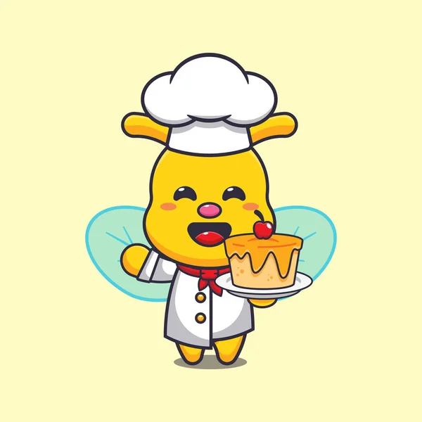 Mascotte Chef Mignon Abeille Personnage Dessin Animé Avec Gâteau — Image vectorielle