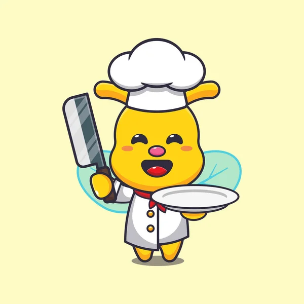 Cute Chef Bee Mascot Cartoon Character Knife Plate — Stock Vector