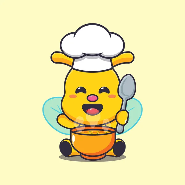 Mascotte Chef Mignon Abeille Personnage Dessin Animé Avec Soupe — Image vectorielle