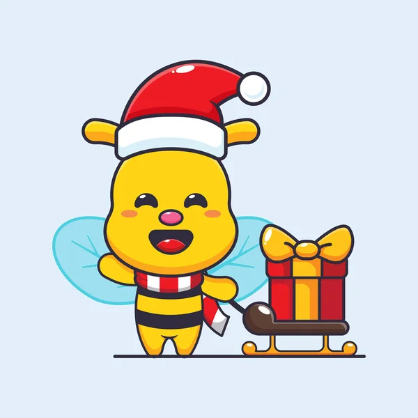 Cute Bee Carrying Christmas Gift Box Cute Christmas Cartoon Character — Stock Vector