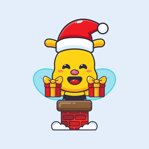 Cute Bee Santa Hat Chimney Cute Christmas Cartoon Character Illustration — Stock Vector