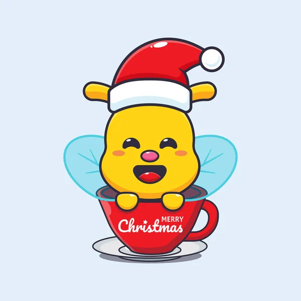 Cute Bee Wearing Santa Hat Cup Cute Christmas Cartoon Character — Stock Vector