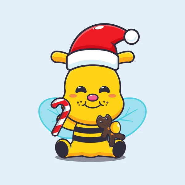 かわいい蜂はクリスマスクッキーとキャンディーを食べる かわいいクリスマス漫画のキャラクターイラスト — ストックベクタ