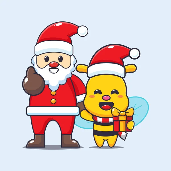 Linda Abeja Con Santa Claus Lindo Personaje Dibujos Animados Navidad — Vector de stock