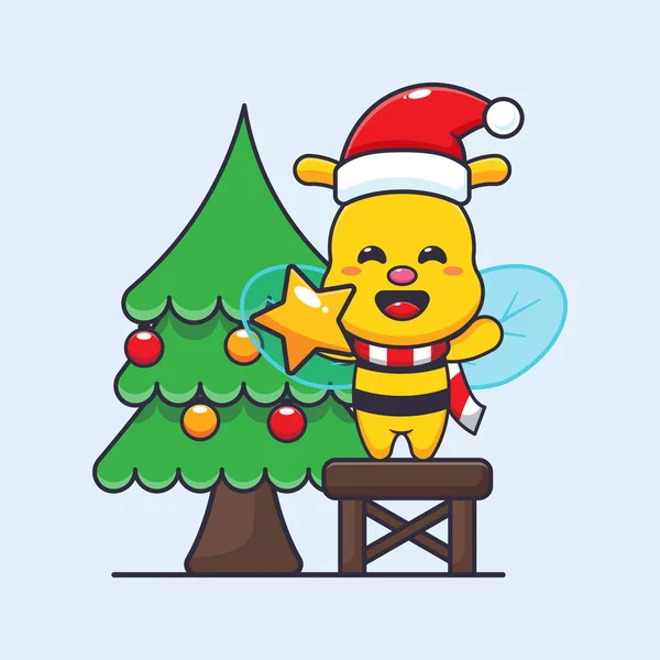Cute Bee Taking Star Christmas Tree Cute Christmas Cartoon Character — Stock Vector