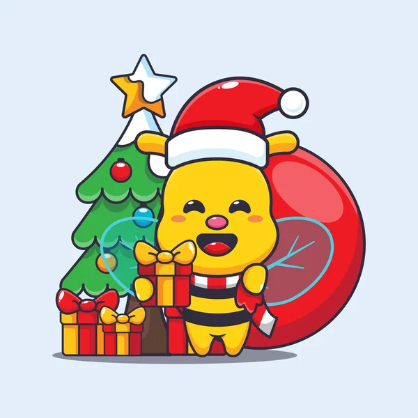 可愛い蜂はクリスマスの贈り物を運ぶ かわいいクリスマス漫画のキャラクターイラスト — ストックベクタ