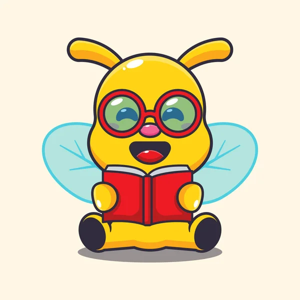 Cute Bee Reading Book Cartoon Vector Illustration — Stock Vector
