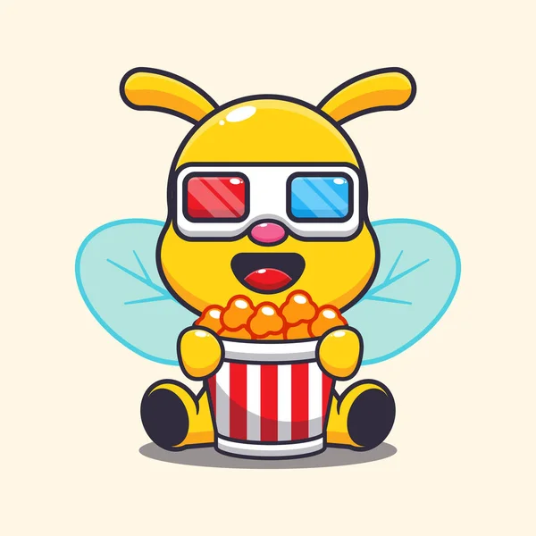 Cute Bee Eating Popcorn Watch Movie Cartoon Vector Illustration — Stock Vector