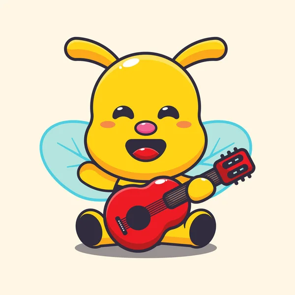 Cute Bee Playing Guitar Cartoon Vector Illustration — Stock Vector