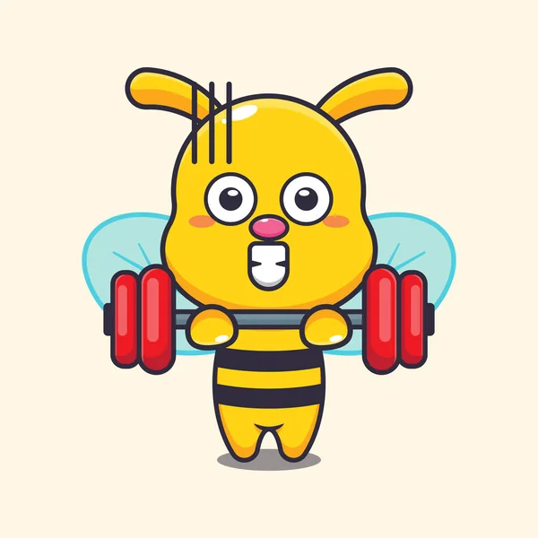 Cute Bee Lifting Barbell Cartoon Vector Illustration — Stock Vector