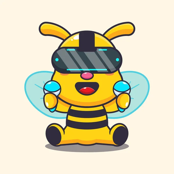 Cute Bee Playing Virtual Reality Cartoon Vector Illustration — Stock Vector