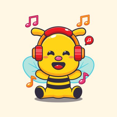 Kulaklıklı, çizgi film vektör illüstrasyonlu şirin bir arı müziği.. 