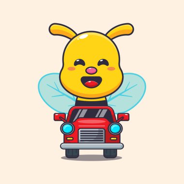 Arabayla hoş bir arı gezintisi. Poster, broşür, ağ, maskot, çıkartma, logo ve simge için uygun çizgi film vektör çizimi.