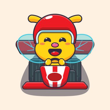 Yarış arabasına binen sevimli arı. Poster, broşür, ağ, maskot, çıkartma, logo ve simge için uygun çizgi film vektör çizimi.