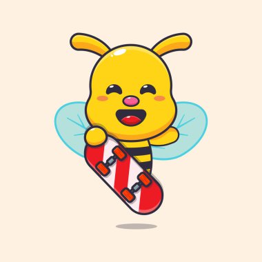 Kaykay oynayan sevimli arı. Poster, broşür, ağ, maskot, çıkartma, logo ve simge için uygun çizgi film vektör çizimi..