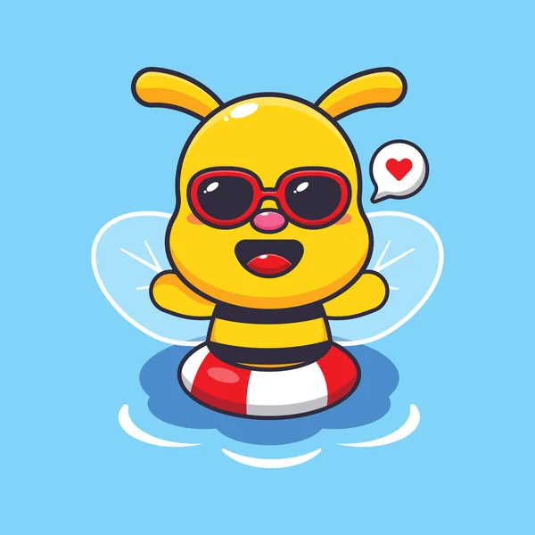 Cute Bee Sunglasses Swimming Using Buoy — Stock Vector