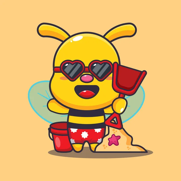 Cute Bee Sunglasses Play Sand Beach Cartoon Vector Illustration — Stock Vector